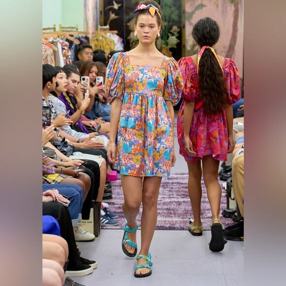 $290 Snow Xue Gao Designer Floral Printed Orange Babydoll Dress NEW Size 6 - Picture 4 of 15